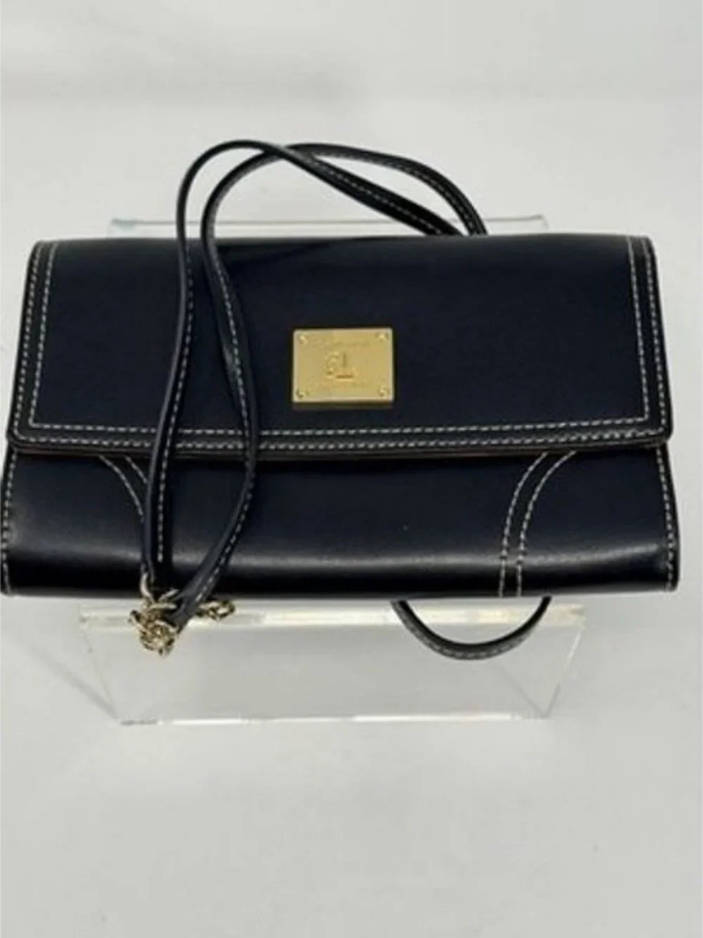 LAUREN RALPH LAUREN Clutch/Crossbody/Wallet- Black Leather CHAIN BAG Gold
